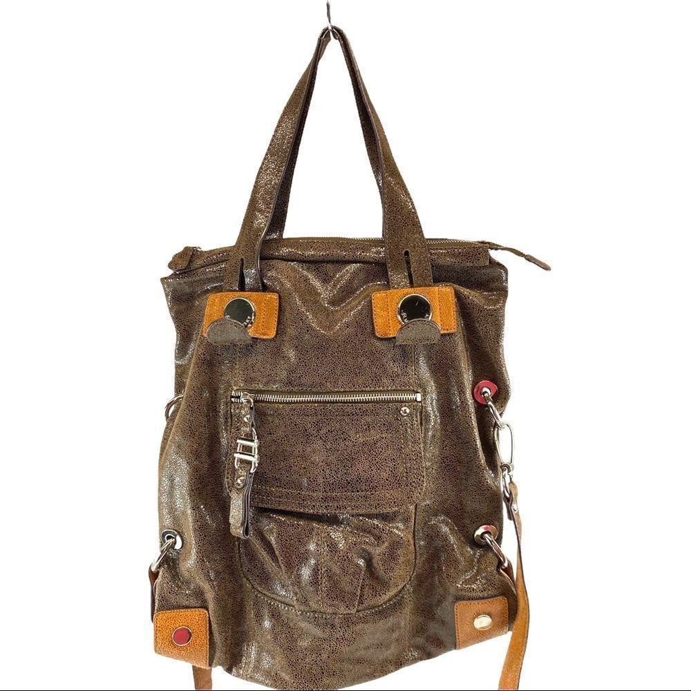 B.Makowsky brown metallic leather tote bag satchel shoulder straps and crossbody